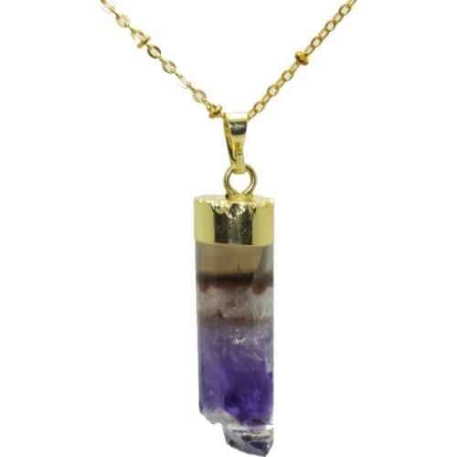 Natural gem stone cyclinder pendant necklace gold point raw quartz geode druzy necklace purple crystal quartz connector necklace
