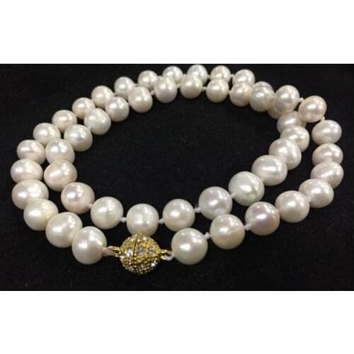 7x8mm bright white pearl necklace shining rhinestone gold clasp natural Freshwater PEARL Women Jewelry 35cm 43cm 15'' 17