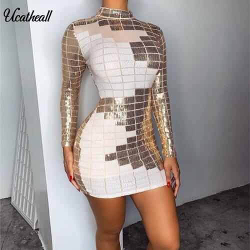 Hot Celebrity Square Stitching Sequins Dress Sexy Glitter Sheath Party Dress Long Sleeves Metallic Pencil Dress