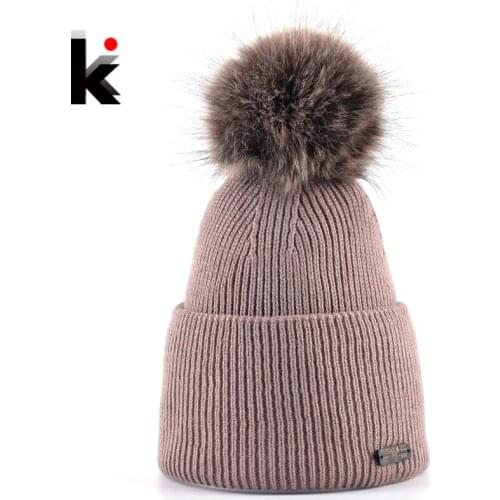 Women Beanies Imitation Fur PomPoms Beanie Hat Knitted Skullies Caps Female Knitting Solid Winter Hats For Ladies Bonnet Toucas