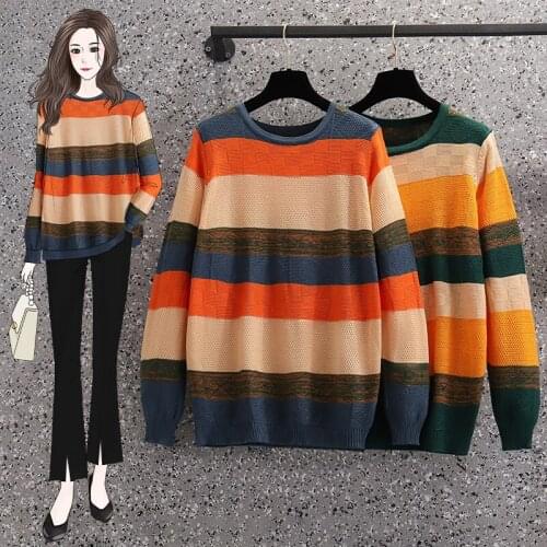 Striped Plus Large Size Oversize Korean Style Fashion Pullovers For WomenS Ladies Sweater 2021 Clothes Tops Blouse Female