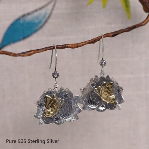 Buyee Pure 925 Sterling Silver Drop Earring Vivid Gold Butterfly and Flower Earring for Women Wedding Hypoallergenic Jewelry
