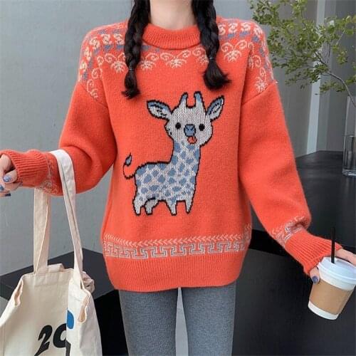 4 Colors 2020 Autumn And Winter Korean Style Cartoon Cute Elk Pattern Knitted Sweaters Womens Warm Sweaters And Pullovers Womens