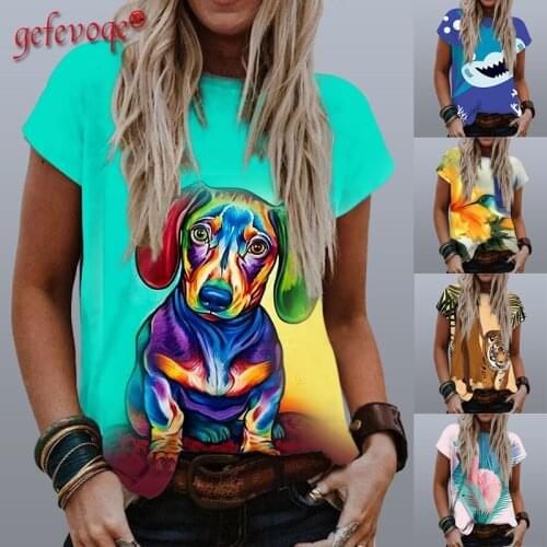 Women Summer Cartoon Animal Pattern Printing Clothes Lady Casual Loose Round Neck Tops Female Plus Size Harajuku T-shirt