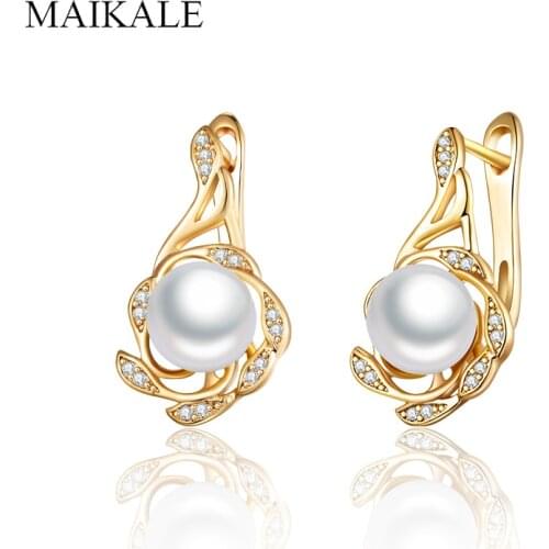MAIKALE Trendy Flower Pearl Earrings for Women Gold Silver Color Cubic Zirconia Stud Earrings with Pearls Party Jewelry Gifts