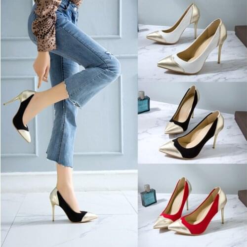 KOLNOO New Handmade Womens High Heels Pumps Two-Tones Pointed-Toe Patchwork Sexy Three Colors Office-Lady Fashion Court Shoes