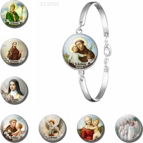 St Anthony Bracelet Bangle SilverColour Chain Saint Bring Love To Your Life Religious Glass Dome Cabochon Jewelry Birthday Gift