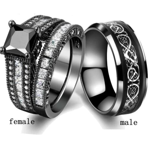 Charm Couple Rings - Fashion Men Black Stainless Steel Ring Women Rhinetones Rings Set Bride Wedding Band Engagement Gift