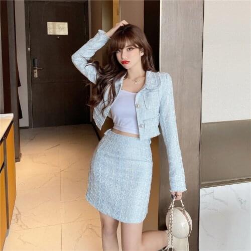 Sky Blue Elegant Two Piece Set Women Plaid Tweed Jackets + High Waist Woolen Mini Skirts Set Tracksuit Office Lady Outfits C978