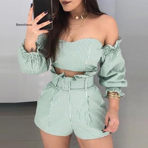 Striped Off Shoulder Frill Hem Tops & Shorts Set Women 2 Piece Outfits