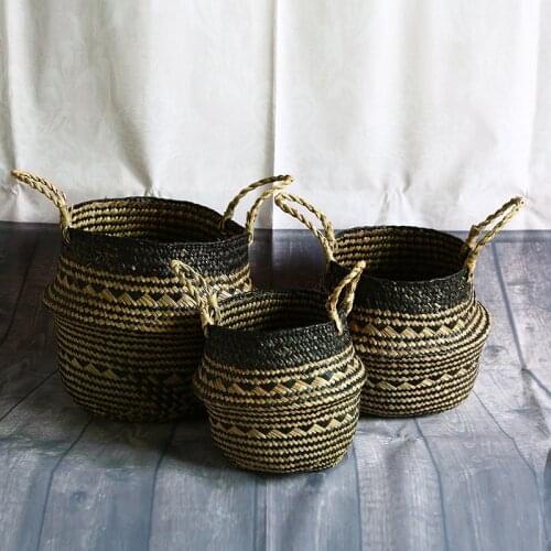 Woven Storage Basket with Black Grid Handmade Seagrass Wicker Gift Basket Garden Flower Pot Laundry Container Toy Storage Holder