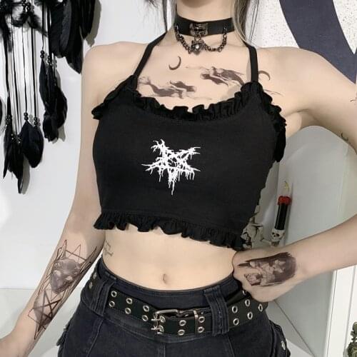 Ruffles Camis Tank Top Cropped Shirt for Women Girl Goth Gothic Clothing Summer Sleeveless Sexy Clothes Black Croptop Lolita