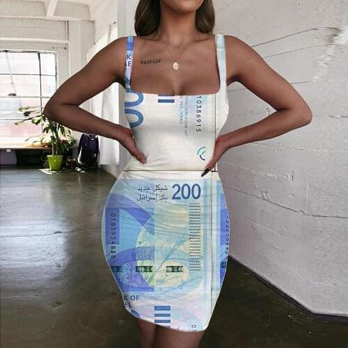 Giyu Brand Money Dresses Women Blue Bodycon Dress Israel 3d Print Harajuku Ladies Dresses Abstract Halter Sleeveless
