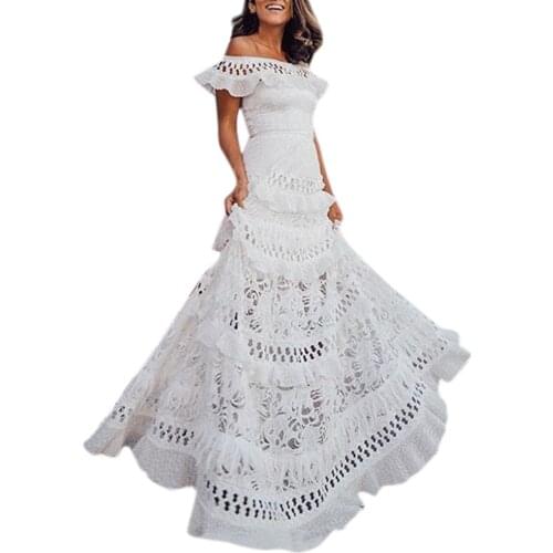 Sexy Slash Neck Lace Hollow Out Long Party Dresses For Women Wedding Guest Big Swing Dress Boho Summer Holiday Sundress Vestidos