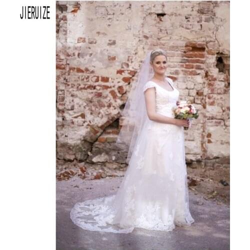 JIERUIZE New Summer Wedding Gowns For Pregnant Women Square Collar Cap Sleeves Lace Appliques Wedding Dress Vestidos de Novia