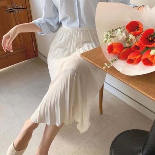 2021 Casual High Waist Long Skirts for Women Vintage Solid Pleated Skirt Women Spring New Fashion Female Skirts Faldas 13640