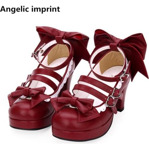 Angelic imprint new woman mori girl lolita cosplay shoes lady high heels Pumps women princess dress party shoes big bowtie 33-47