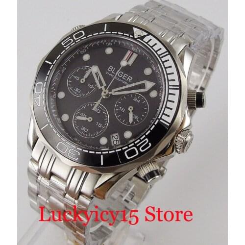 BLIGER Quartz Men Wristwatch Sapphire Glass Rotating Bezel Stainless Steel Band Ceramic Bezel