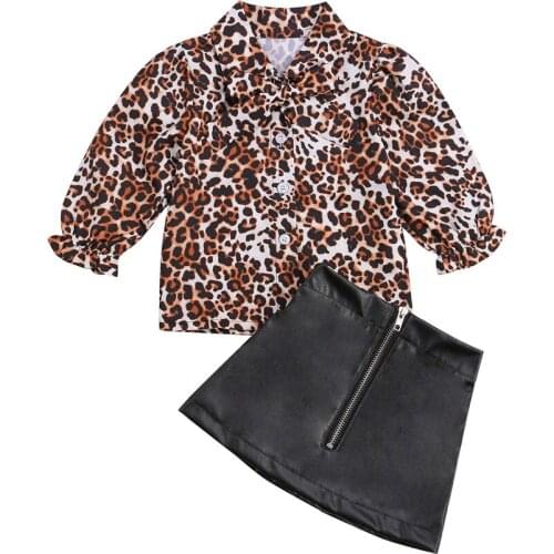 2021 0-5Y Fashion Toddler Girl Clothing Set Bow Collar Leopard Print Long Sleeve Shirt+Zipper Leather A-line Skirt Autumn 2pcs