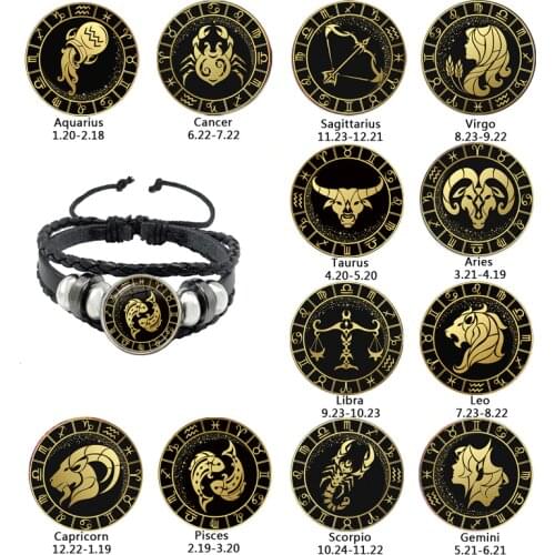 12 Constellation Bracelet Scorpio Sagittarius Capricorn Aquarius Black Rope Leather Button Bracelet Zodiac Jewelry For Gift