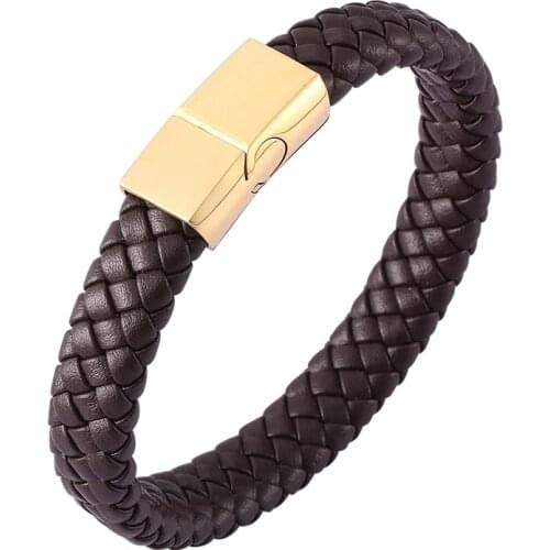 Classic Men Jewelry Braided Leather Bracelet S.Steel Magnet Bracelets Brown Rope Chain Fashion Wristband for Male Gift SP0457