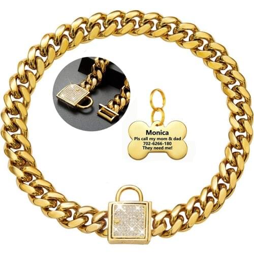 14MM Stainless Steel Dog Chain Designer 18K Gold Plated Chain Zircon Lock Collar Luxury Shiny Silver Necklace10-30