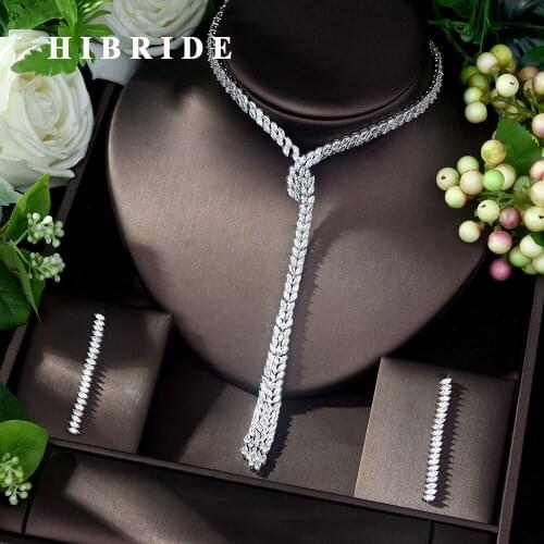 HIBRIDE Exclusive Long Necklace Cubic Zirconia Wedding Bridal Dubai Jewelry Sets for Woman White Color Luxury Jewelry Set N-1032