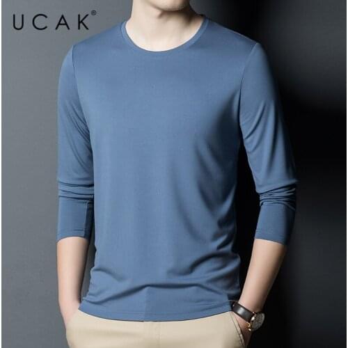 UCAK Brand New Fashion Solid Color Casual Silk T Shirt Men Clothes Spring Autumn Streetwear O-Neck Collar Tshirt Homme U5364