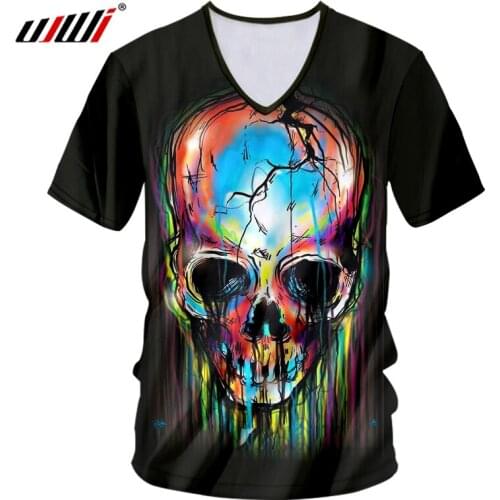 UJWI Summer Mens V Neck T Shirt Print Colorful Skull 3d Tshirt Male Fit Slime Bodybuilding Workout Casual T-shirt Homme Unisex