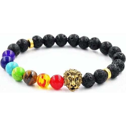 FYJS Unique Light Yellow Gold Color Lion Head Connect 8 mm Round Beads Black Lava Stone Bracelet Healing Chakra Jewelry