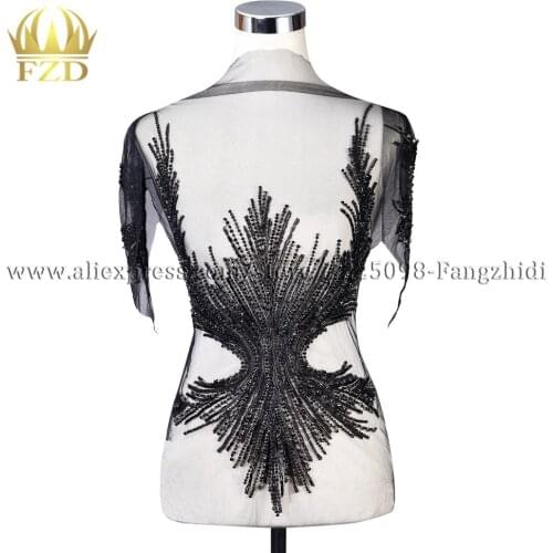 FZD 1 PC Party Black Cutting patches Bugle beads decorative patch for Wedding Dresses, DIY Decorative Women Clothes Handsewn