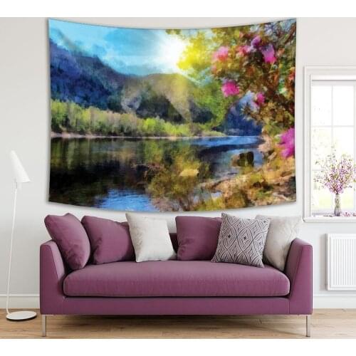 Tapestry River Flower Tree Nature Sunny Spring Day Landscape Painting Fuchsia in Blue Green Artwork