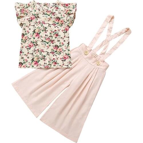 Girls Clothes Set 2021 Summer New Kids Sleeveless Floral Top + Sling Wide Leg Pants 2 Pcs Set Childrens Clothing 1-5 Years