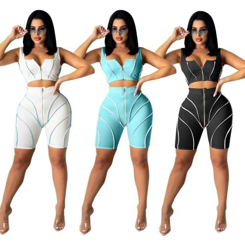 Bright Color Striped Patchwork Two Piece Set Woman Zipper Crop Top and Biker Shorts Active Tracksuit Sweatsuit Summer Clothes