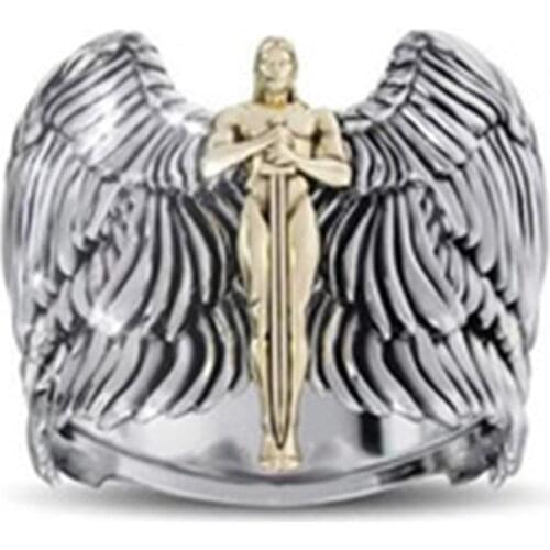 Milangirl Punk Mens Ring Retro Angel Wings Cross Signet Rings For Men Vintage Goddess Of Justice Anillos Viking Jewelry