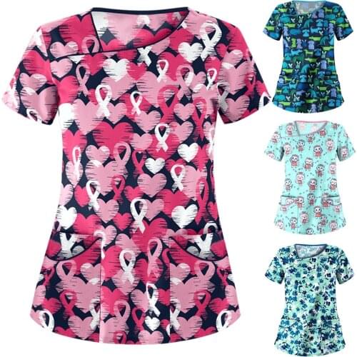 Fashion Women Pink Ribbon Print Nursing Scrubs Tops Health Services Work Uniforms Short Sleeve T Shirt Pocket Clothes A50