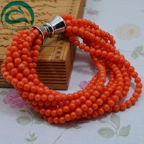 New Arrival Coral Bracelet 4mm 10 Rows Pink Coral Bangle Magnet Clasp Wedding Birthday Mothers Day Women Gift Fine Jewelry