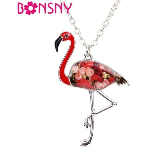 Bonsny Enamel Alloy Flamingo Bird Pendant Necklace Chain Collar Elegant Novelty Animal Jewelry For Women Girls Gift Party Bijoux