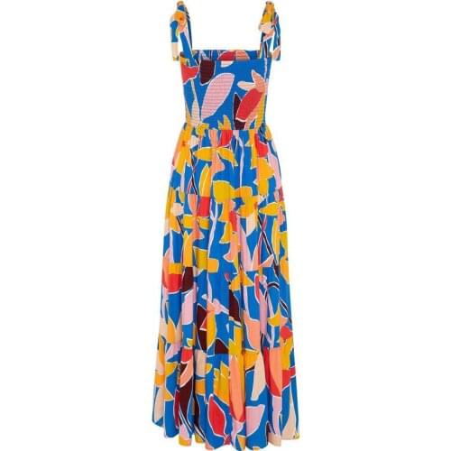 80%HOTWomen Square Neck Print Sling Pleated Large Hem Midi Dress Beachwear for Holiday