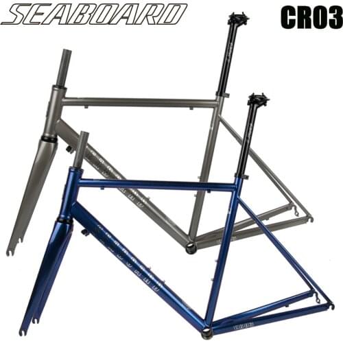 Seaboard CR03 Chrome Frame Carbon Fork Heat Treatment Steel Road Bike 700C CR-MO 4135 4130 Frameset Caliper Brake Blue Silver