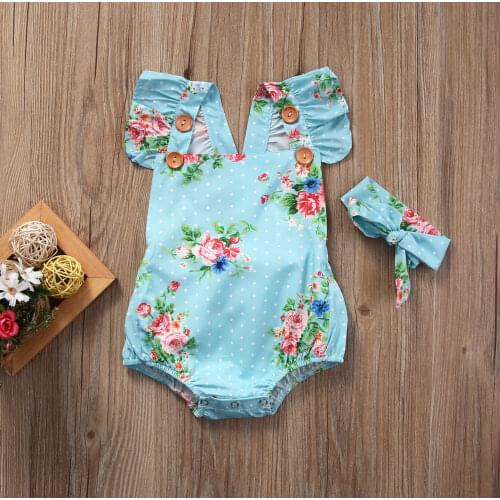 Pudcoco Newborn Baby Girl Clothes Fly Sleeve Flower Print Romper Jumpsuit Headband 2Pcs Outfits Summer Clothes 0-24M