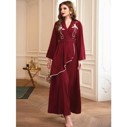 Women Pearls Maxi Dress Fit and Flare Surplice Neck Long Bell Sleeves Tie Waist 3D Flower Gown Muslim Dubai Arab Morocco Party