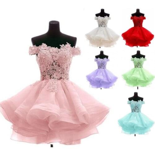 Off the Shoulder Pink Homecoming Dresses 3D Appliques Floral Short Evening Gowns Ruffle Tulle Formal Party Robe De Soiree