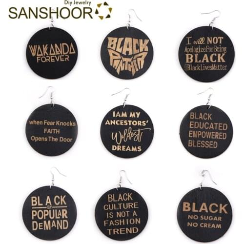 SANSHOOR 9 Designs AFRO Craved Wood Earrings Collection With Inspiring Words 6cm Diameter For Afrocentric Black Woman 1pair/lot