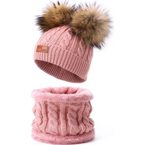 Cute Childrens Knit Hat Scarf Suit Outdoor Casual Peas Boy / Girl Pompom Hat Real Fur Solid Twist Hat Winter Warm 2 Piece Set
