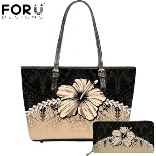 FORUDESIGNS 2pcs Women Top-handle Bag And Purse Hawaii Hibiscus Flower Printing PU Leather Ladies Casual Shoulder Bag Sac A Main