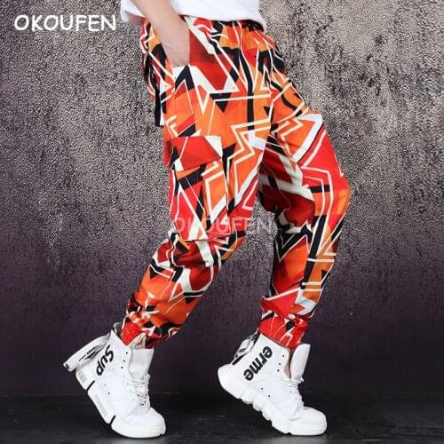 Gorgeous abstract pattern printing casual pants loose overalls multi-pocket feet pants tide mens pants