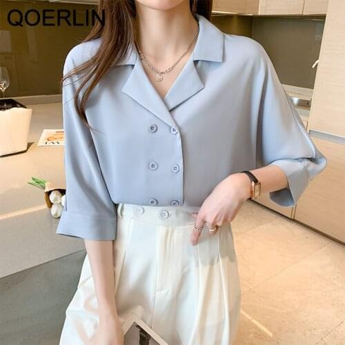 QOERLIN Summer Ladies Shirts Elegant Double-Breasted New Style Chic V-neck Half Sleeve Satin Shirt Women Loose Casual Solid Tops