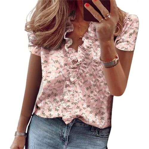 Hirigin Women Homewear Casual Ruffles Blouse Short Sleeve V-neck Elegant OL Ladies Summer Trend Tops Dropshipping