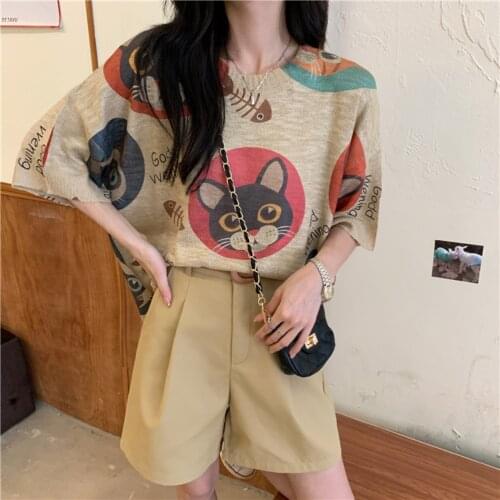 2021 New Women Summer Loose Cartoon T-shirt Batwing Sleeve Knitted Tshirts Round Collar Pullover Tops